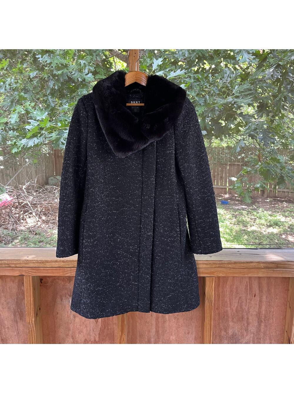 DKNY Women's Black Tweed Vegan Fur Collared Wool Blend Coat Size S